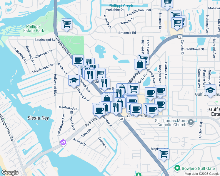 map of restaurants, bars, coffee shops, grocery stores, and more near 2049 Couver Drive in Sarasota