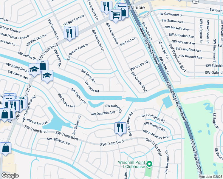 map of restaurants, bars, coffee shops, grocery stores, and more near 433 Southwest Aster Road in Port St. Lucie