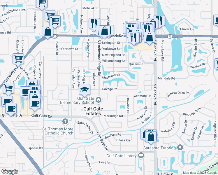map of restaurants, bars, coffee shops, grocery stores, and more near 3253 Savage Rd in Sarasota