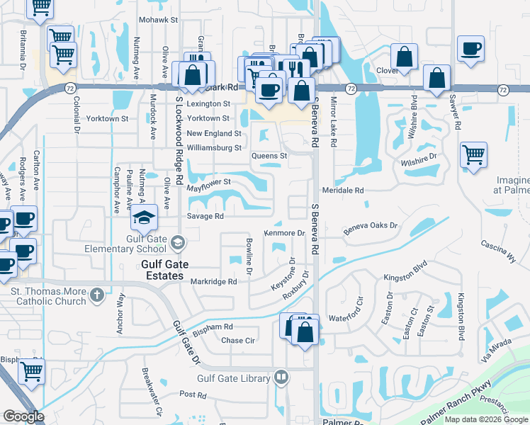 map of restaurants, bars, coffee shops, grocery stores, and more near 6315 Rockefeller Avenue in Sarasota