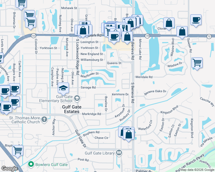 map of restaurants, bars, coffee shops, grocery stores, and more near 3355 Savage Road in Sarasota