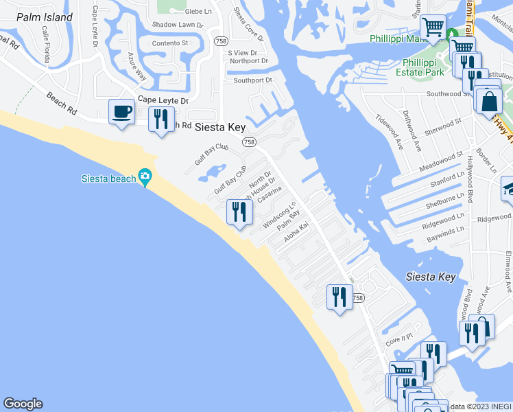 map of restaurants, bars, coffee shops, grocery stores, and more near 1132 Windsong Lane in Sarasota