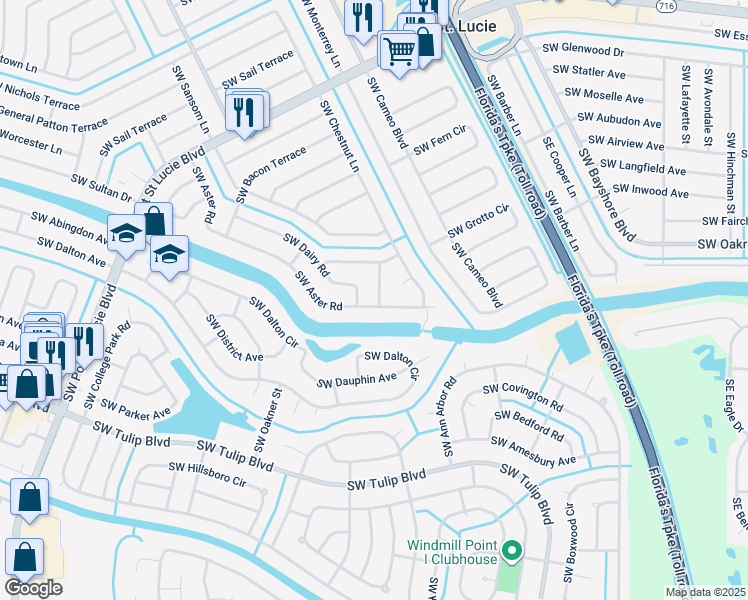 map of restaurants, bars, coffee shops, grocery stores, and more near 433 Southwest Aster Road in Port St. Lucie