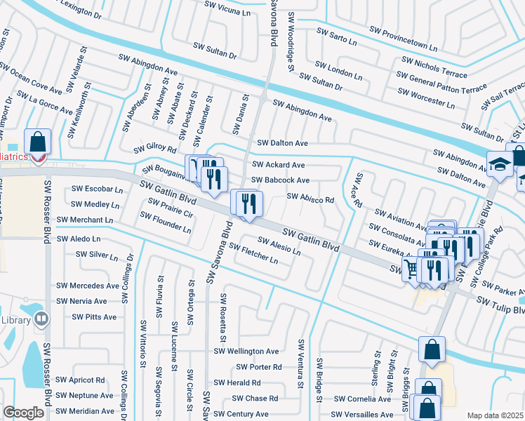 map of restaurants, bars, coffee shops, grocery stores, and more near 1281 Southwest Abisco Road in Port St. Lucie