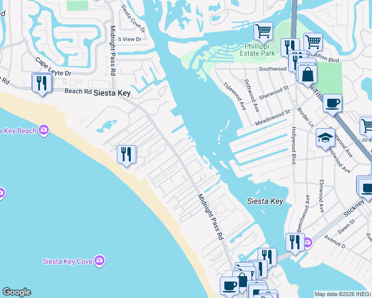 map of restaurants, bars, coffee shops, grocery stores, and more near 6005 Midnight Pass Road in Sarasota