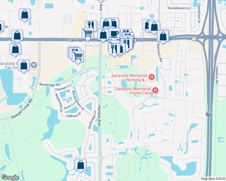 map of restaurants, bars, coffee shops, grocery stores, and more near 8463 Karpeal Drive in Sarasota