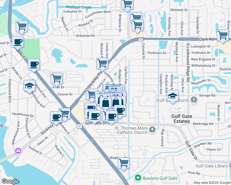 map of restaurants, bars, coffee shops, grocery stores, and more near 6385 Gateway Avenue in Sarasota