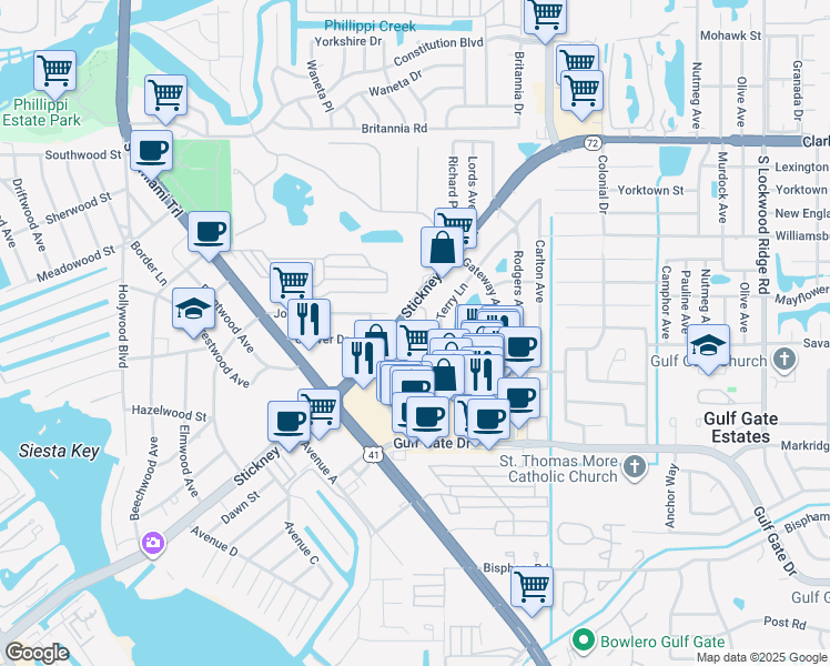 map of restaurants, bars, coffee shops, grocery stores, and more near 2220 Stickney Point Road in Sarasota