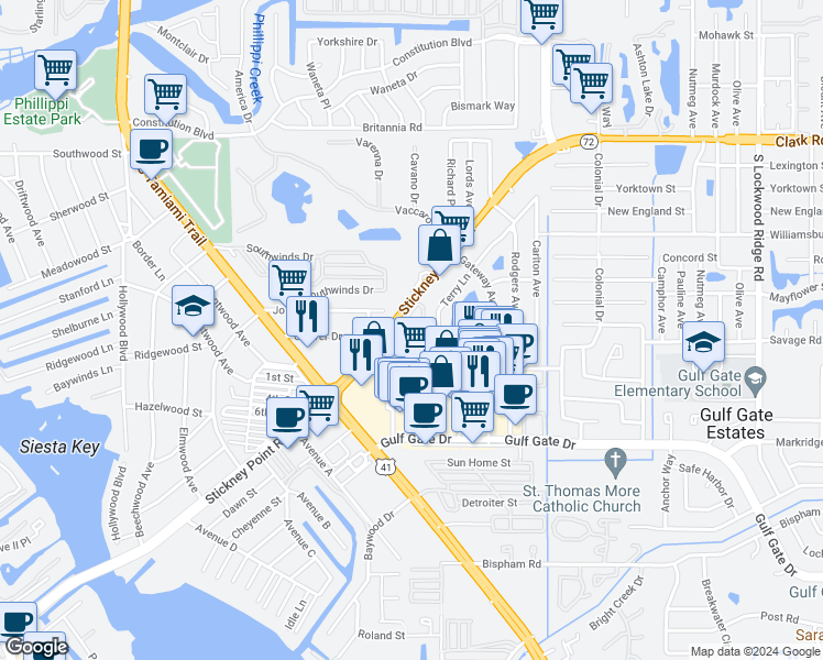 map of restaurants, bars, coffee shops, grocery stores, and more near 2220 Stickney Point Road in Sarasota
