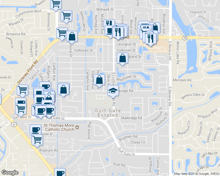 map of restaurants, bars, coffee shops, grocery stores, and more near 6315 Olive Avenue in Sarasota