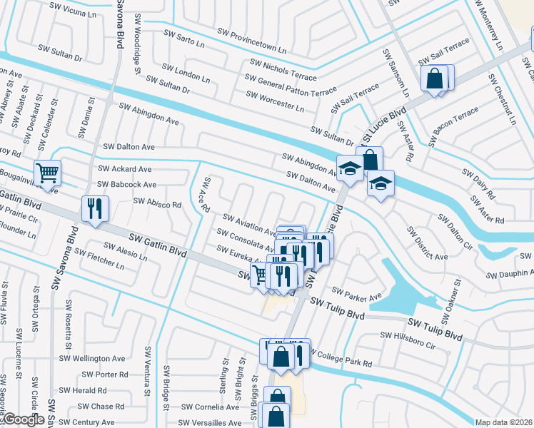 map of restaurants, bars, coffee shops, grocery stores, and more near 2613 Southwest Cactus Circle in Port St. Lucie