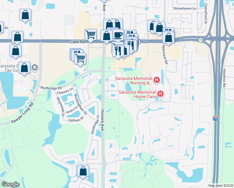 map of restaurants, bars, coffee shops, grocery stores, and more near 8463 Karpeal Drive in Sarasota
