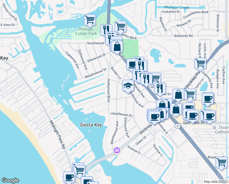 map of restaurants, bars, coffee shops, grocery stores, and more near 6146 Beechwood Avenue in Sarasota
