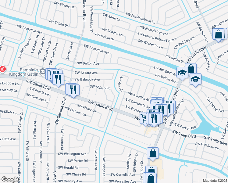 map of restaurants, bars, coffee shops, grocery stores, and more near 1127 Southwest East Louise Circle in Port St. Lucie