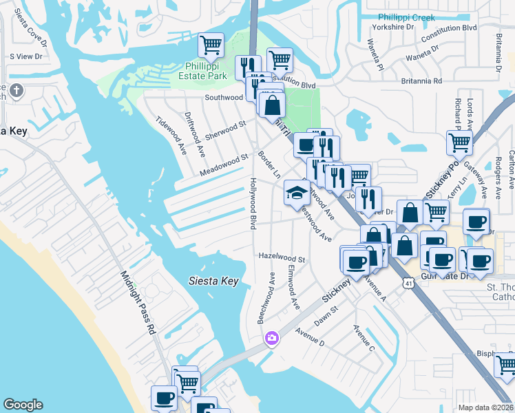 map of restaurants, bars, coffee shops, grocery stores, and more near 6146 Beechwood Avenue in Sarasota