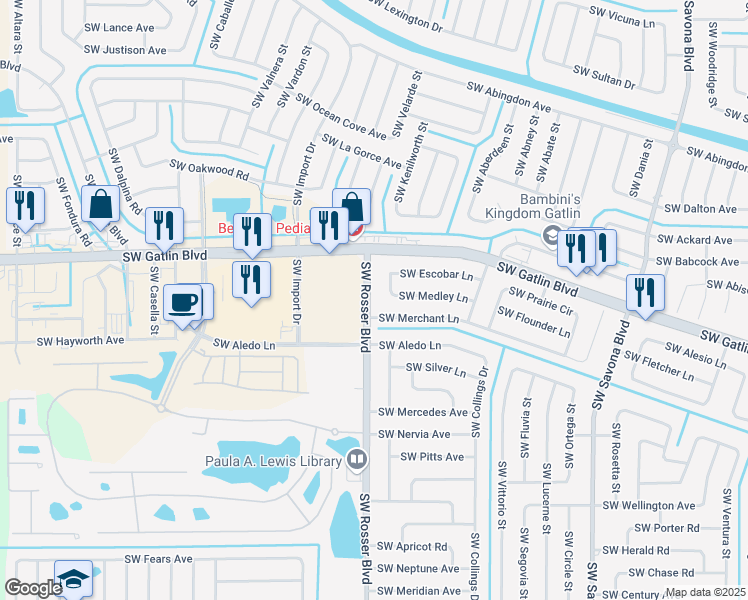 map of restaurants, bars, coffee shops, grocery stores, and more near 2749 Southwest Rosser Boulevard in Port St. Lucie