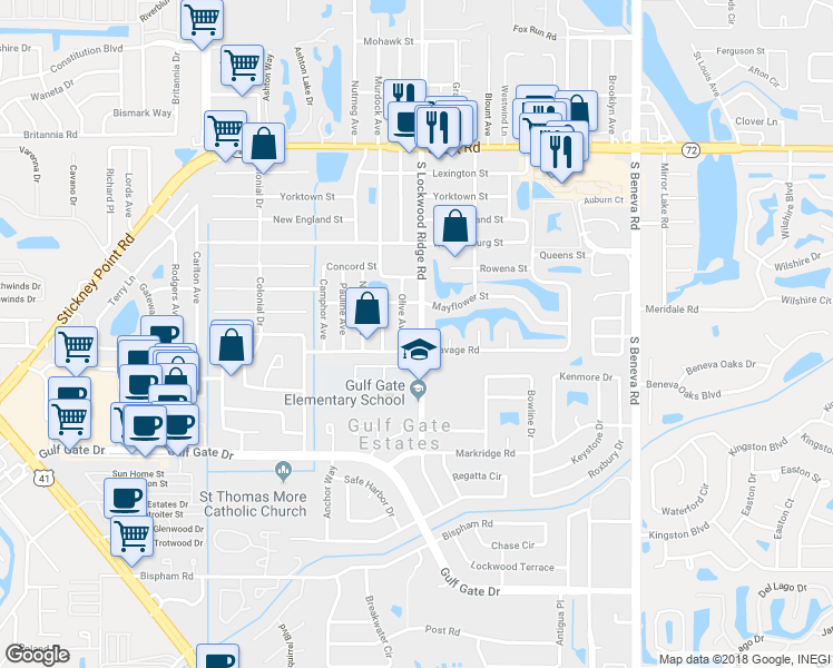 map of restaurants, bars, coffee shops, grocery stores, and more near 6336 South Lockwood Ridge Road in Sarasota