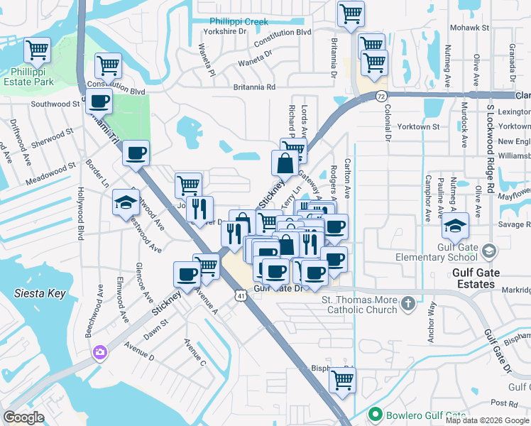 map of restaurants, bars, coffee shops, grocery stores, and more near 2220 Stickney Point Road in Sarasota