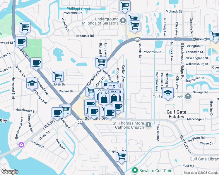 map of restaurants, bars, coffee shops, grocery stores, and more near 6385 Gateway Avenue in Sarasota