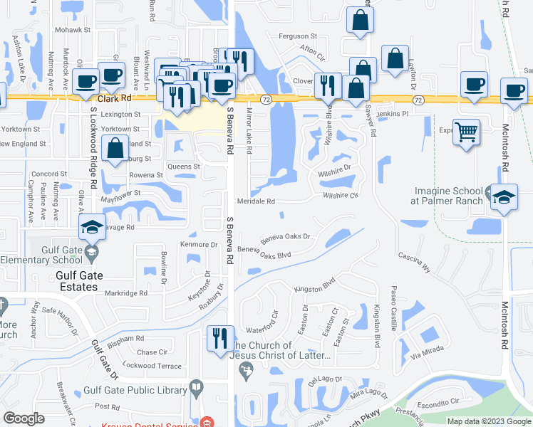map of restaurants, bars, coffee shops, grocery stores, and more near 3623 Beneva Oaks Circle in Sarasota