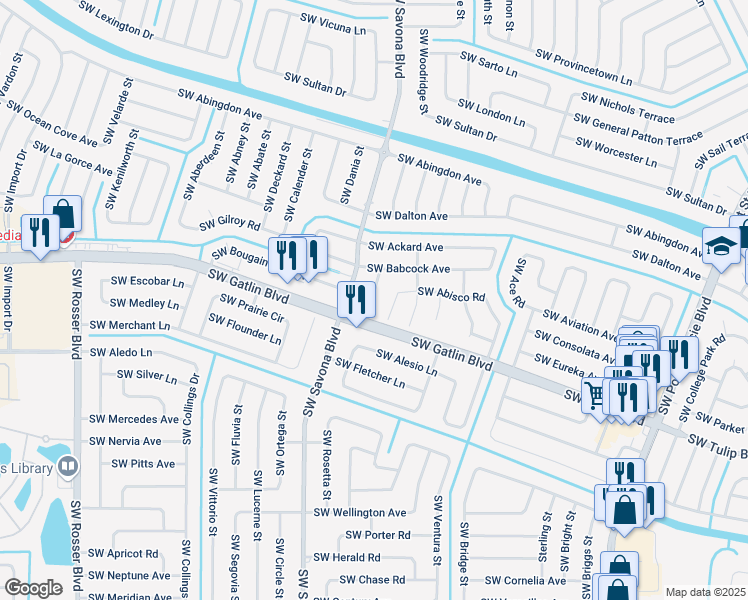 map of restaurants, bars, coffee shops, grocery stores, and more near 1281 Southwest Abisco Road in Port St. Lucie