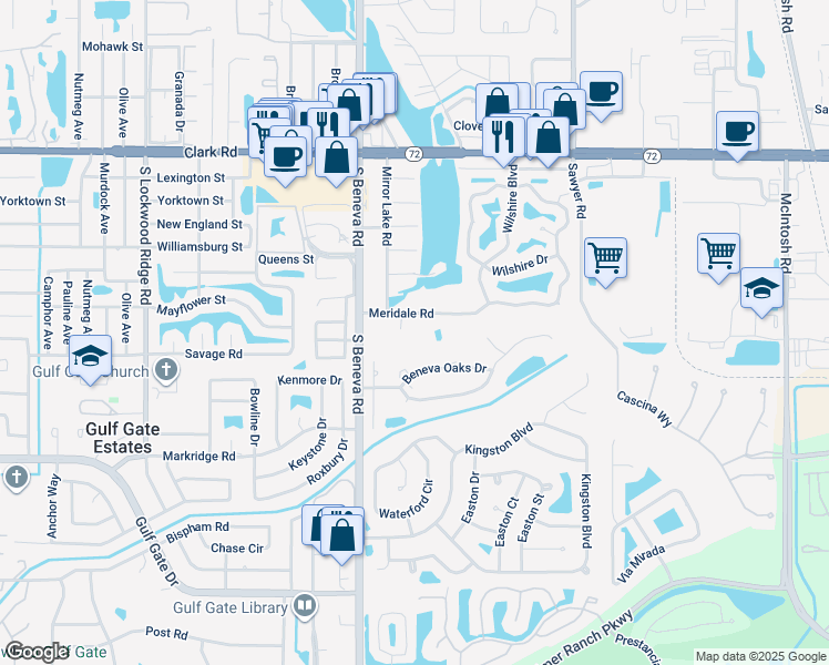 map of restaurants, bars, coffee shops, grocery stores, and more near 3623 Beneva Oaks Circle in Sarasota