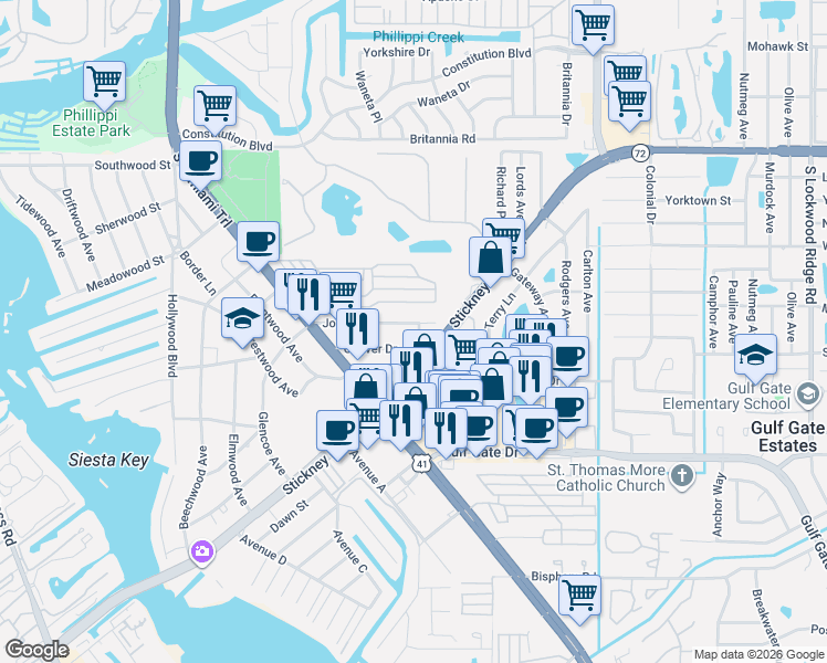 map of restaurants, bars, coffee shops, grocery stores, and more near 2139 Couver Drive in Sarasota