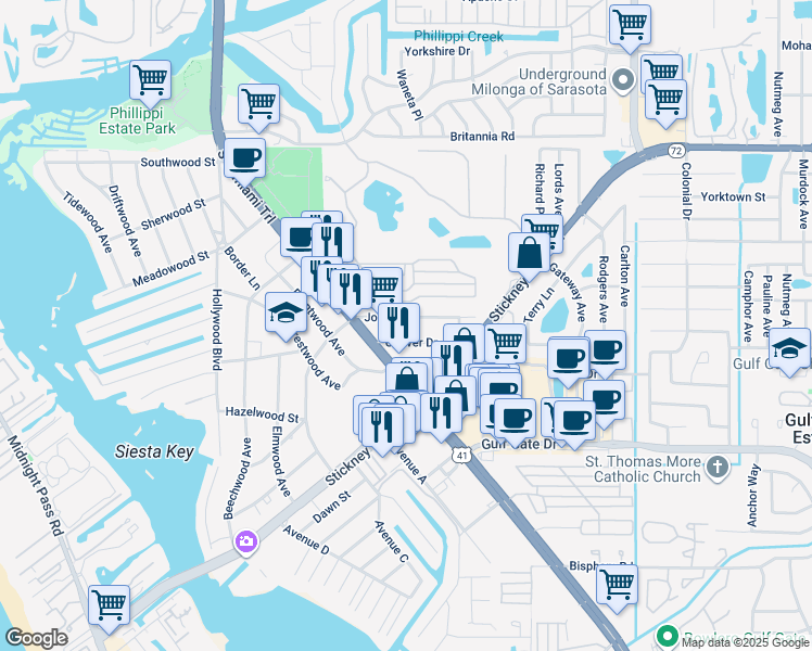 map of restaurants, bars, coffee shops, grocery stores, and more near 2049 Couver Drive in Sarasota