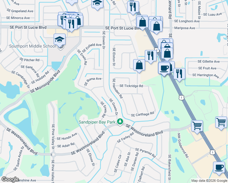 map of restaurants, bars, coffee shops, grocery stores, and more near 2649 Southeast Gowin Drive in Port St. Lucie