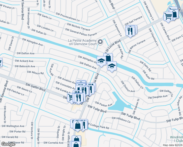 map of restaurants, bars, coffee shops, grocery stores, and more near 2663 Southwest Acco Road in Port St. Lucie