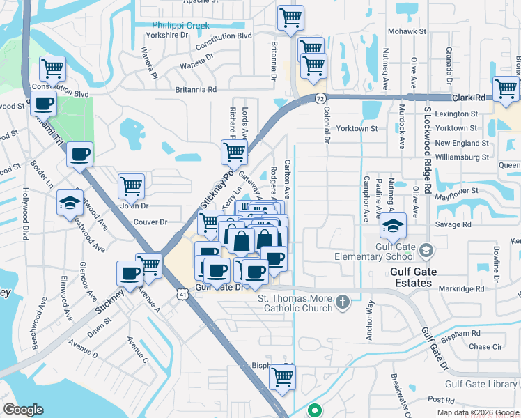 map of restaurants, bars, coffee shops, grocery stores, and more near 6385 Gateway Avenue in Sarasota