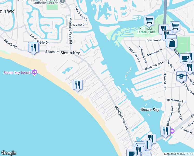 map of restaurants, bars, coffee shops, grocery stores, and more near 5880 Midnight Pass Road in Siesta Key