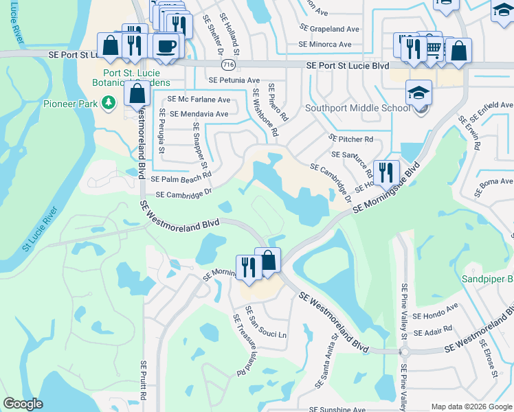 map of restaurants, bars, coffee shops, grocery stores, and more near 213 Southeast Via Visconti in Port St. Lucie