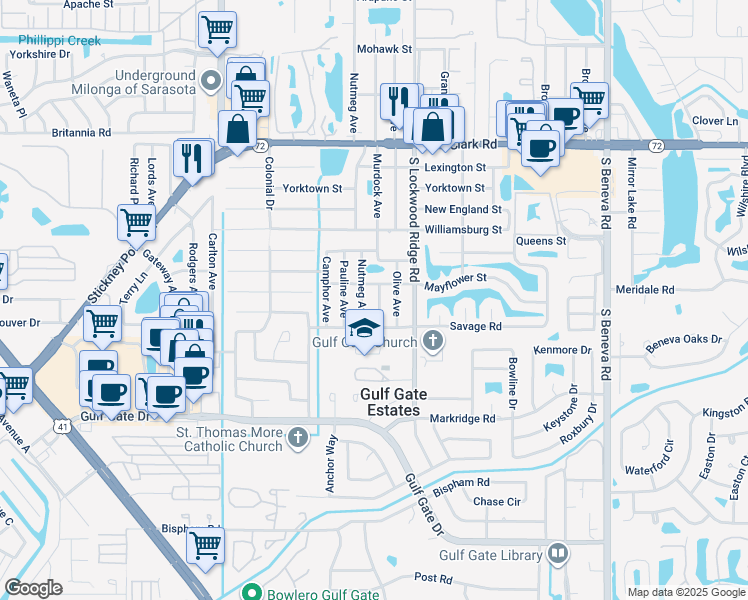 map of restaurants, bars, coffee shops, grocery stores, and more near 3101 Mayflower Street in Sarasota