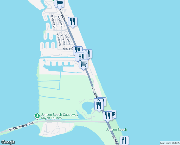 map of restaurants, bars, coffee shops, grocery stores, and more near 10980 South Ocean Drive in Jensen Beach