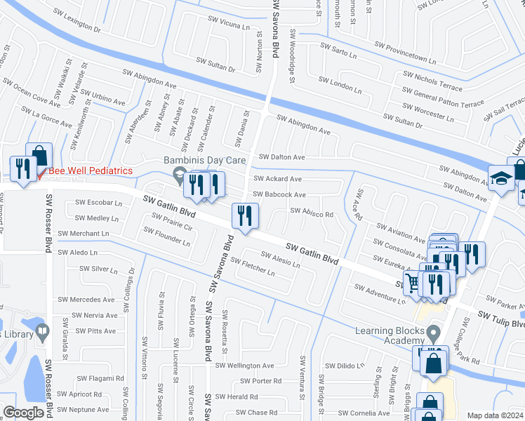 map of restaurants, bars, coffee shops, grocery stores, and more near 2643 Southwest Dakota Street in Port St. Lucie