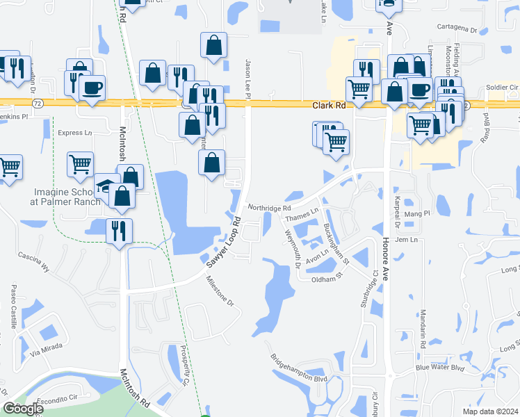map of restaurants, bars, coffee shops, grocery stores, and more near 6101 Sawyer Loop Road in Sarasota