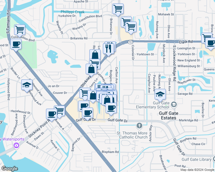 map of restaurants, bars, coffee shops, grocery stores, and more near 632-4 Gateway Avenue in Sarasota