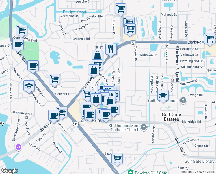 map of restaurants, bars, coffee shops, grocery stores, and more near 632-4 Gateway Avenue in Sarasota