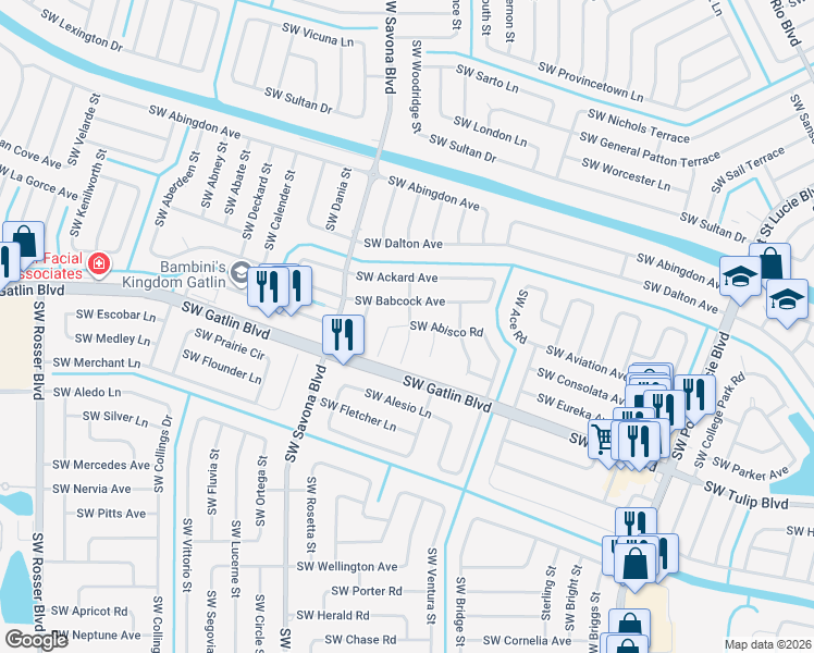 map of restaurants, bars, coffee shops, grocery stores, and more near 2649 Southwest Abelard Street in Port St. Lucie