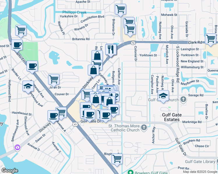 map of restaurants, bars, coffee shops, grocery stores, and more near 6331 Gateway Avenue in Sarasota