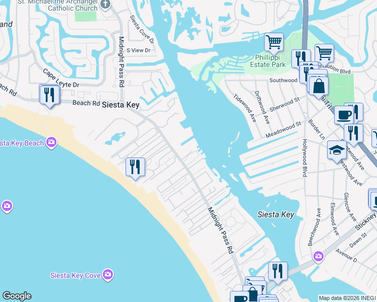 map of restaurants, bars, coffee shops, grocery stores, and more near 5923 Midnight Pass Road in Siesta Key