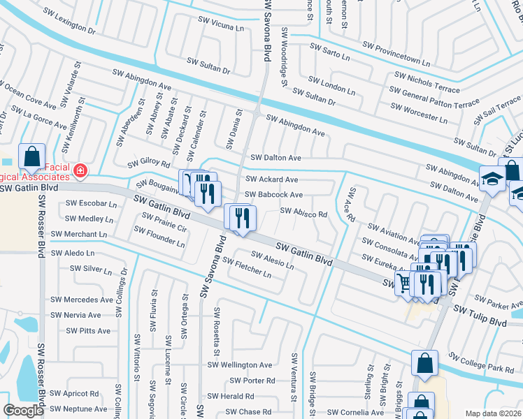 map of restaurants, bars, coffee shops, grocery stores, and more near 1250 Southwest Babcock Avenue in Port St. Lucie