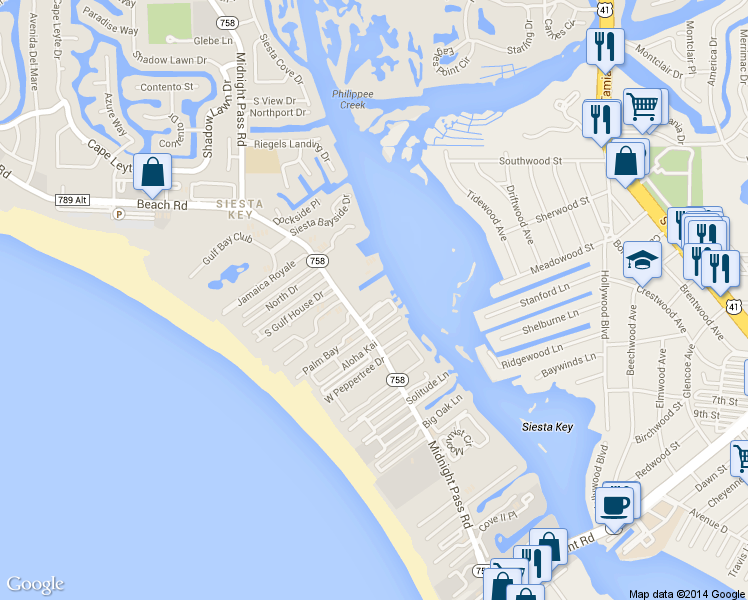 map of restaurants, bars, coffee shops, grocery stores, and more near 5923 Midnight Pass Road in Siesta Key