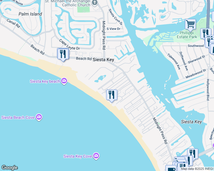 map of restaurants, bars, coffee shops, grocery stores, and more near 5780 Midnight Pass Road in Siesta Key