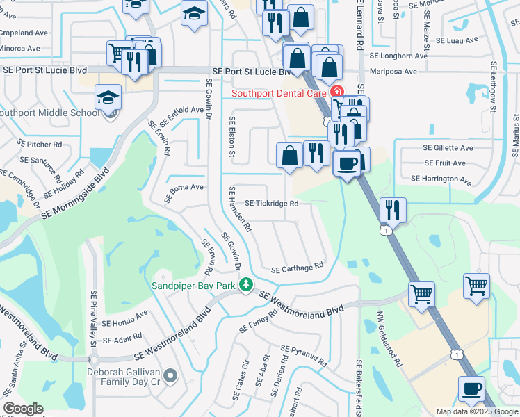 map of restaurants, bars, coffee shops, grocery stores, and more near 2502 Southeast Hamden Road in Port St. Lucie