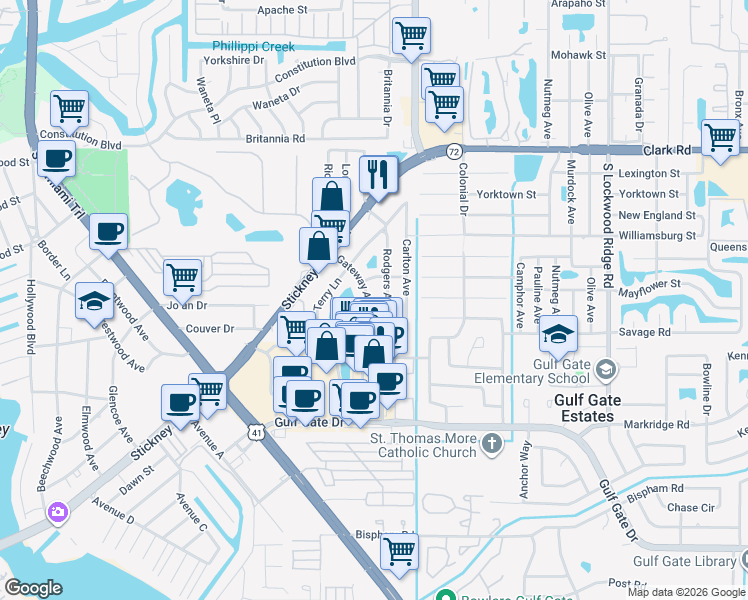 map of restaurants, bars, coffee shops, grocery stores, and more near 6323 Gateway Avenue in Sarasota