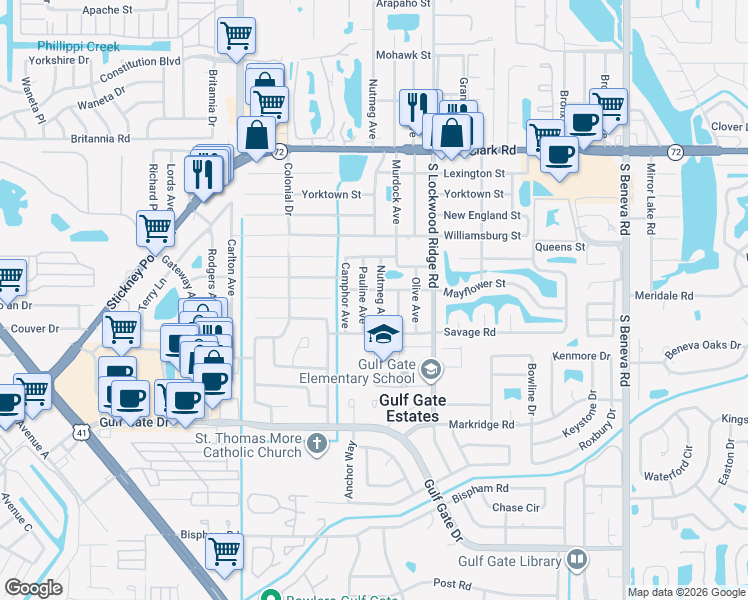 map of restaurants, bars, coffee shops, grocery stores, and more near 3033 Mayflower Street in Sarasota