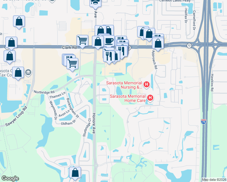 map of restaurants, bars, coffee shops, grocery stores, and more near 8386 Karpeal Drive in Sarasota