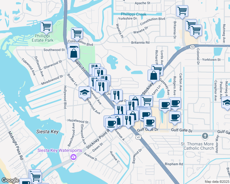map of restaurants, bars, coffee shops, grocery stores, and more near 140 Southwinds Drive in Sarasota